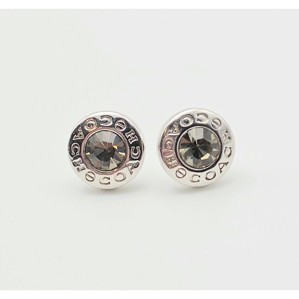 Genuine COACH Logo Stud Earrings Smoky Gray Crystal Polished Silver Tone .5"